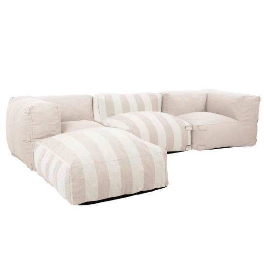 Sofá modular de exterior a rayas para 4 personas con 1 sillón, 2 sillones esquineros y 1 puf