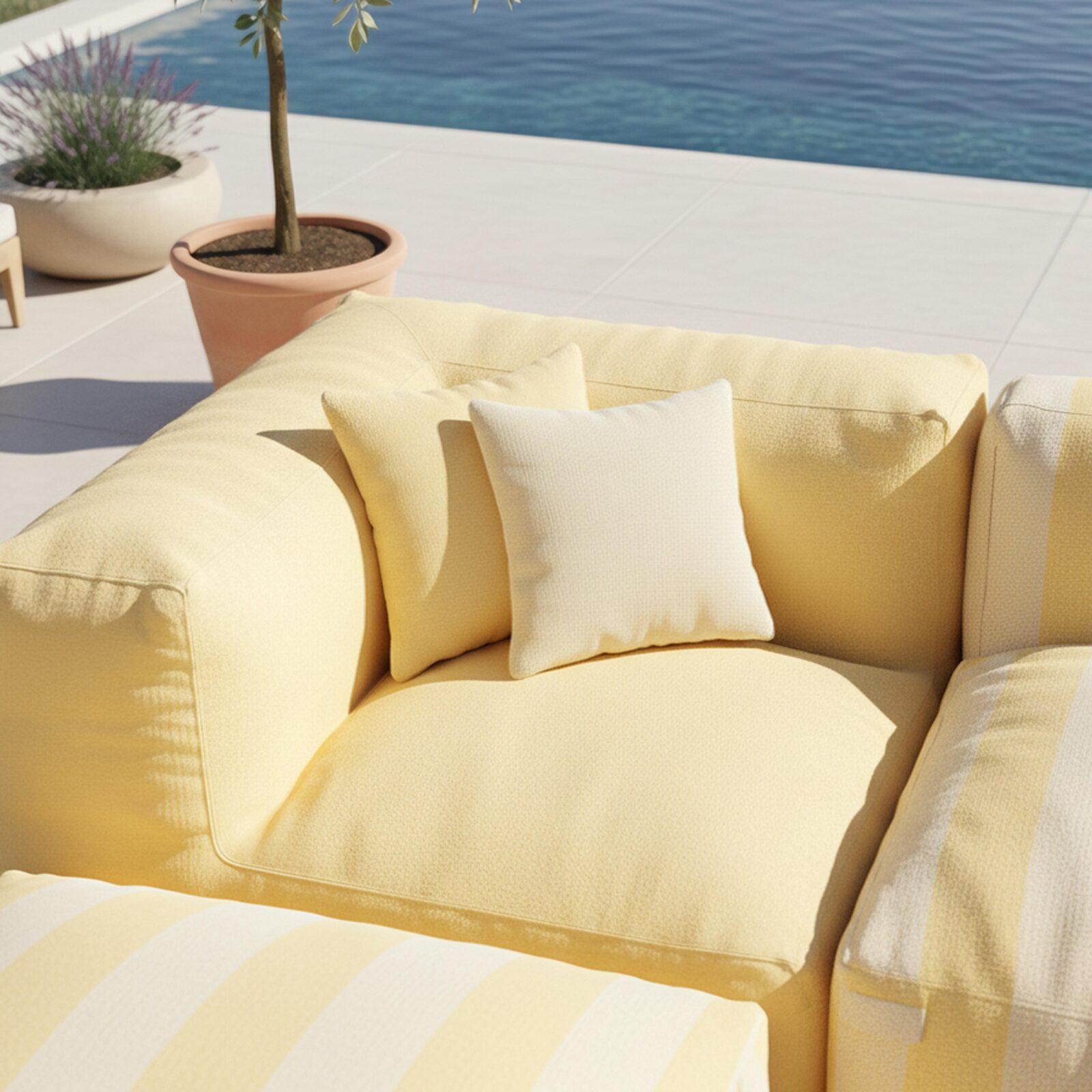 Sofá modular de exterior a rayas para 4 personas con 1 sillón, 2 sillones esquineros y 1 puf