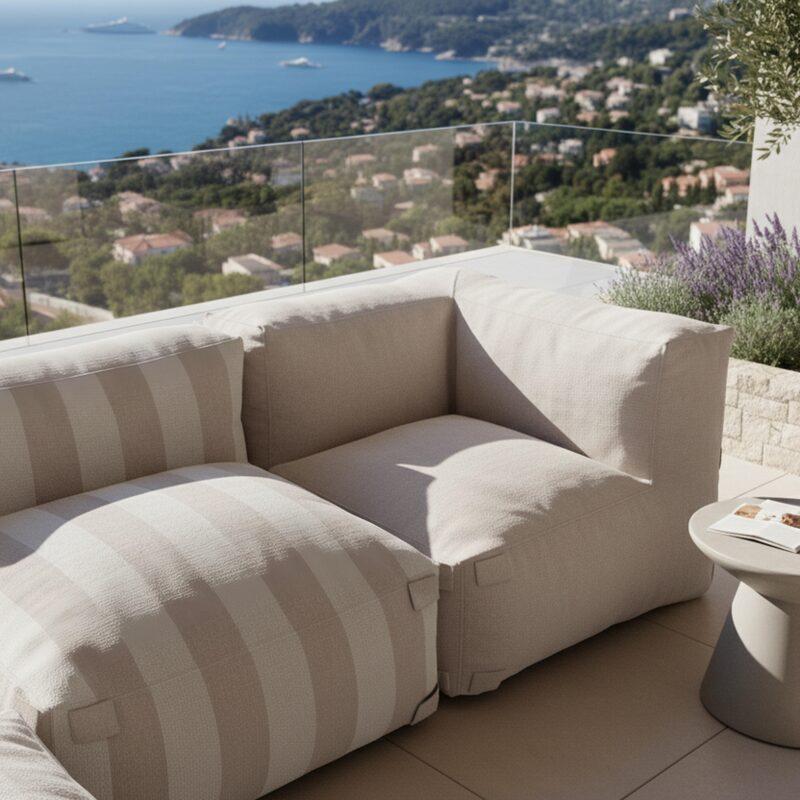 Sofá modular de exterior a rayas para 4 personas con 1 sillón, 2 sillones esquineros y 1 puf (2/6)