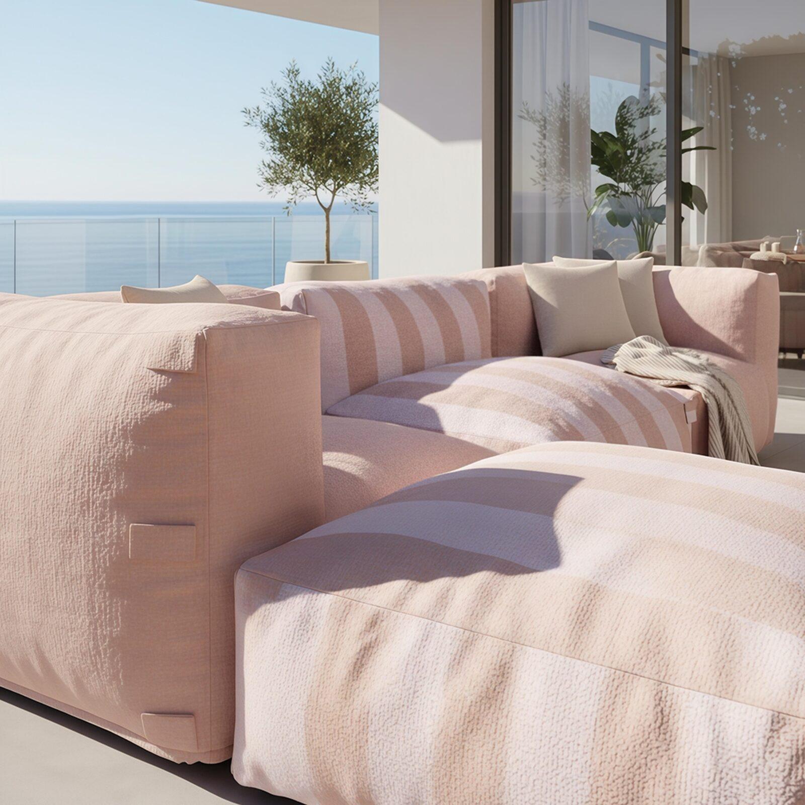 Sofá modular de exterior a rayas para 4 personas con 1 sillón, 2 sillones esquineros y 1 puf
