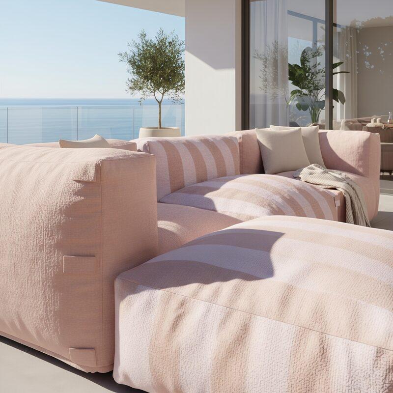 Sofá modular de exterior a rayas para 4 personas con 1 sillón, 2 sillones esquineros y 1 puf (2/7)