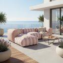 Sofá modular de exterior a rayas para 4 personas con 1 sillón, 2 sillones esquineros y 1 puf