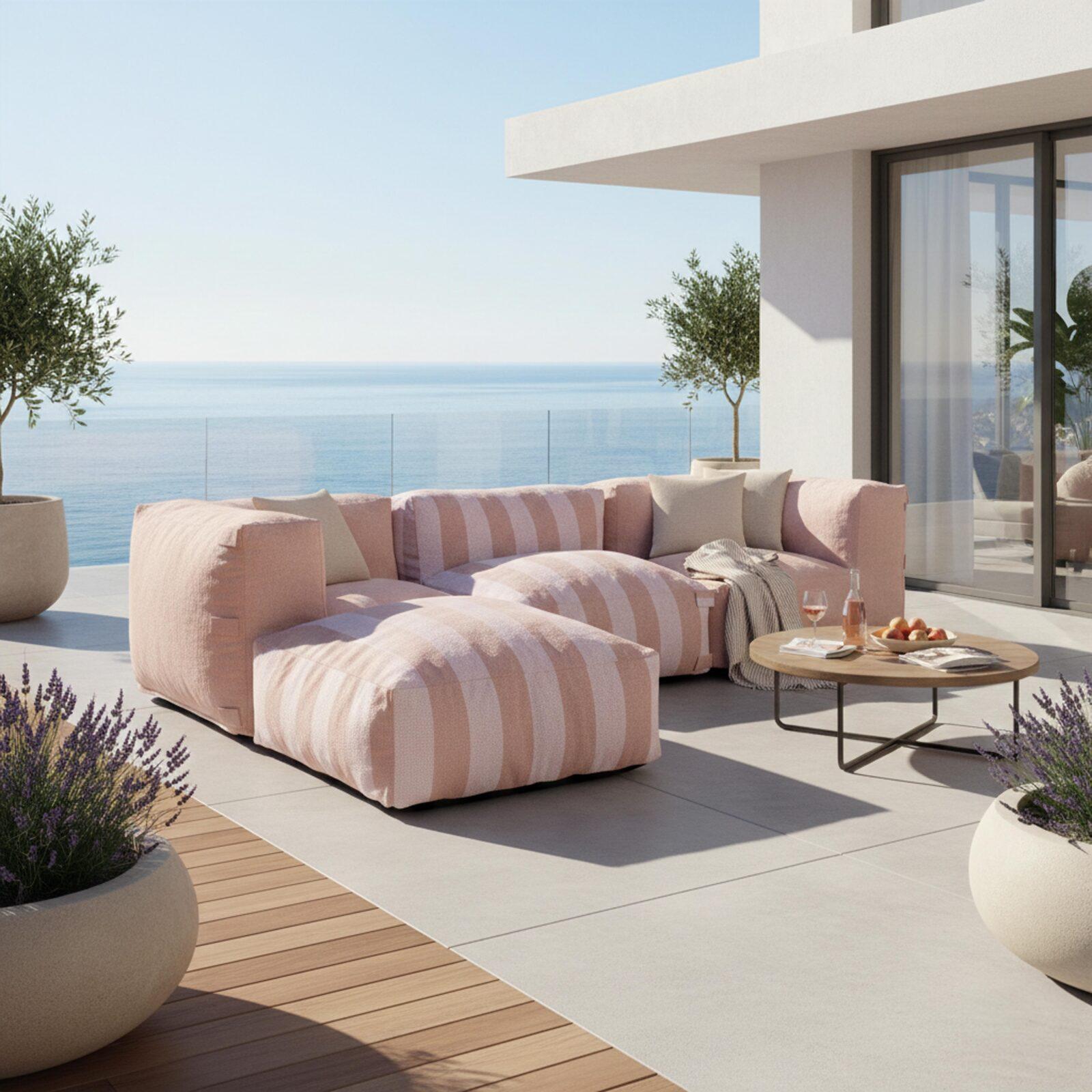 Sofá modular de exterior a rayas para 4 personas con 1 sillón, 2 sillones esquineros y 1 puf