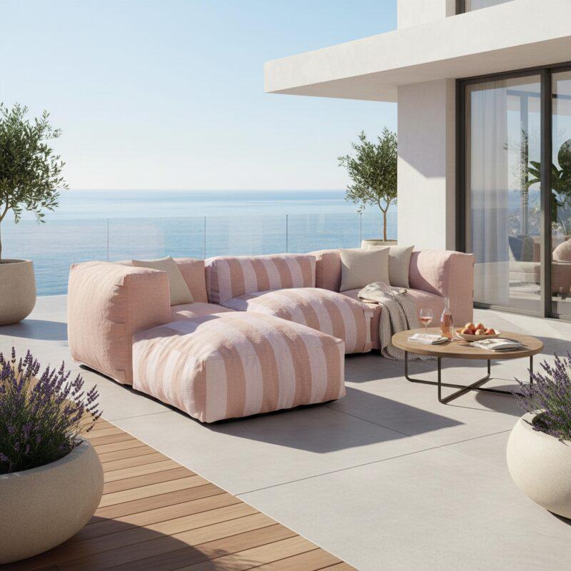 Sofá modular de exterior a rayas para 4 personas con 1 sillón, 2 sillones esquineros y 1 puf