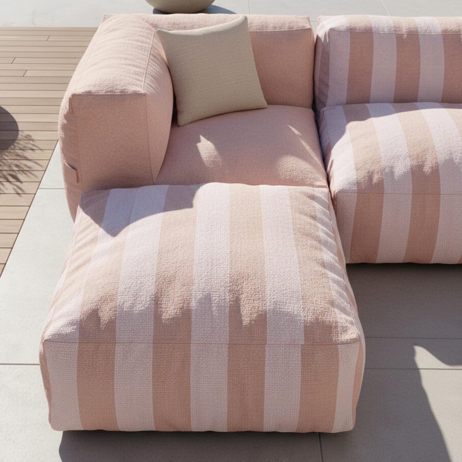 Sofá modular de exterior a rayas para 4 personas con 1 sillón, 2 sillones esquineros y 1 puf