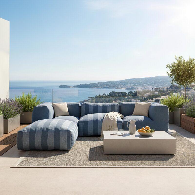 Sofá modular de exterior a rayas para 4 personas con 1 sillón, 2 sillones esquineros y 1 puf