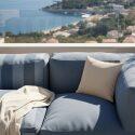 Sofá modular de exterior a rayas para 4 personas con 1 sillón, 2 sillones esquineros y 1 puf