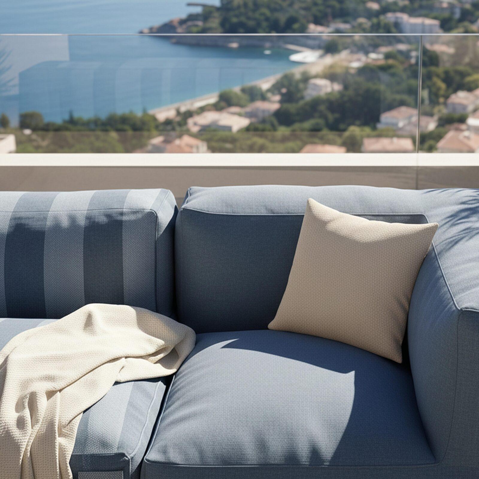 Sofá modular de exterior a rayas para 4 personas con 1 sillón, 2 sillones esquineros y 1 puf