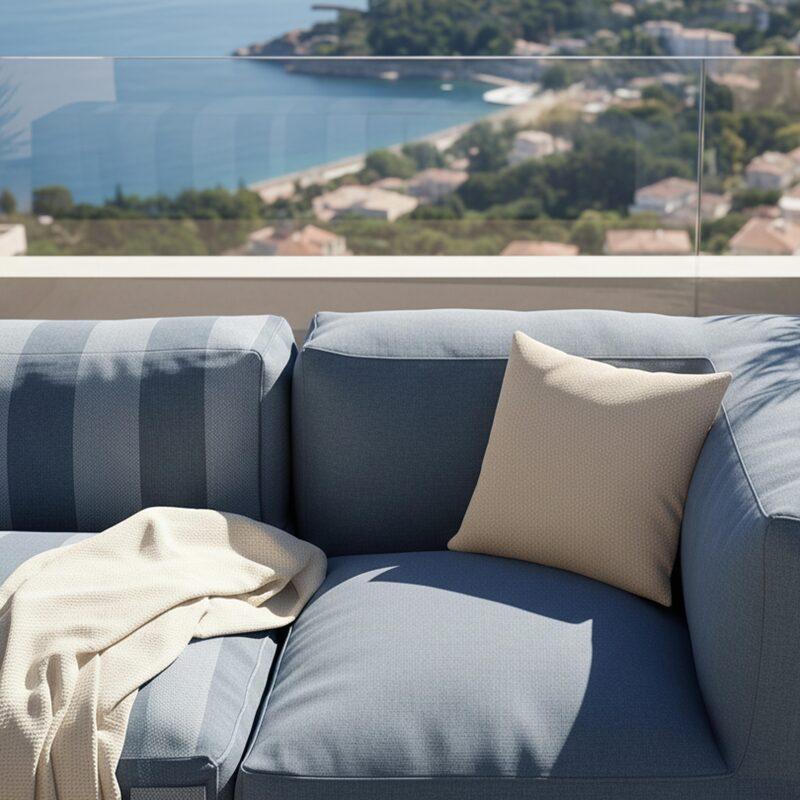 Sofá modular de exterior a rayas para 4 personas con 1 sillón, 2 sillones esquineros y 1 puf (3/7)