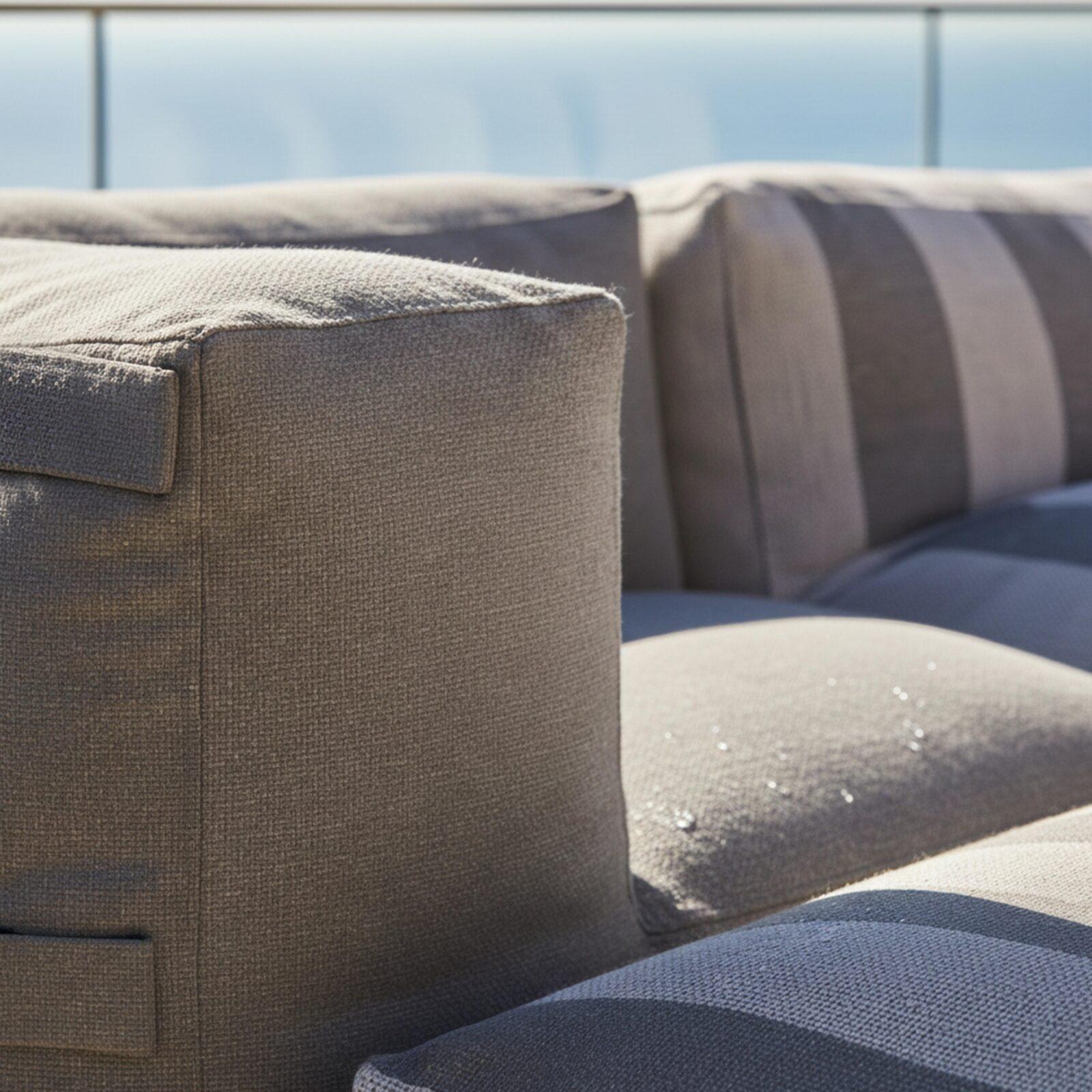 Sofá modular de exterior a rayas para 4 personas con 1 sillón, 2 sillones esquineros y 1 puf