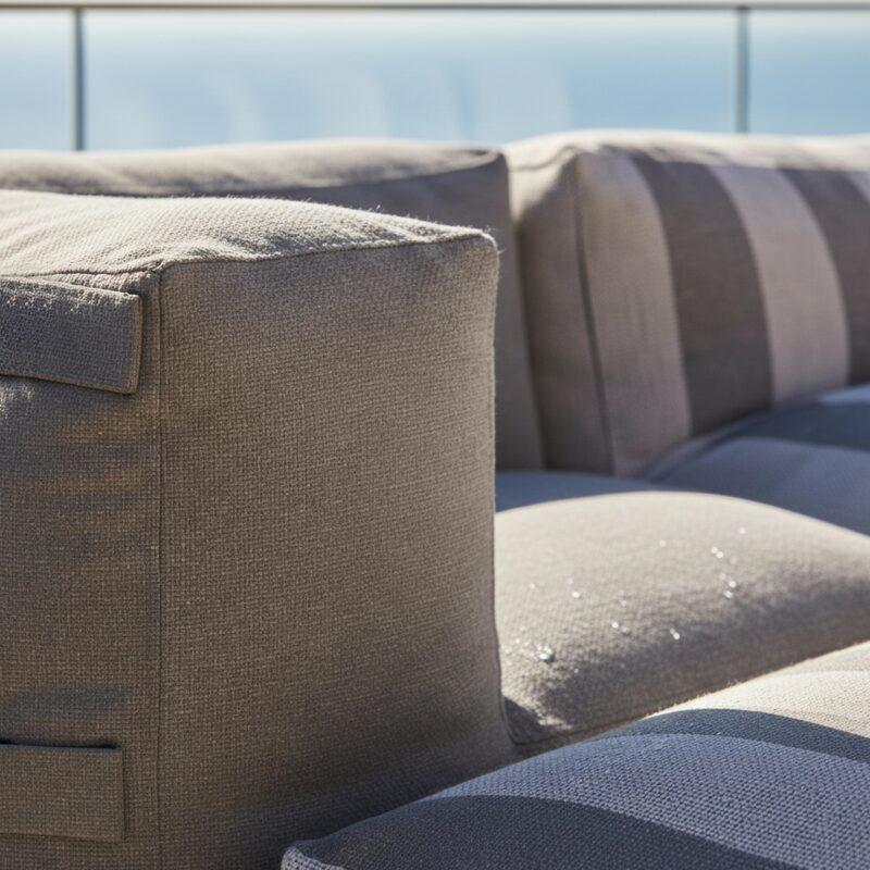 Sofá modular de exterior a rayas para 4 personas con 1 sillón, 2 sillones esquineros y 1 puf (2/7)