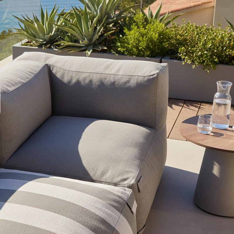 Sofá modular de exterior a rayas para 4 personas con 1 sillón, 2 sillones esquineros y 1 puf (3/7)