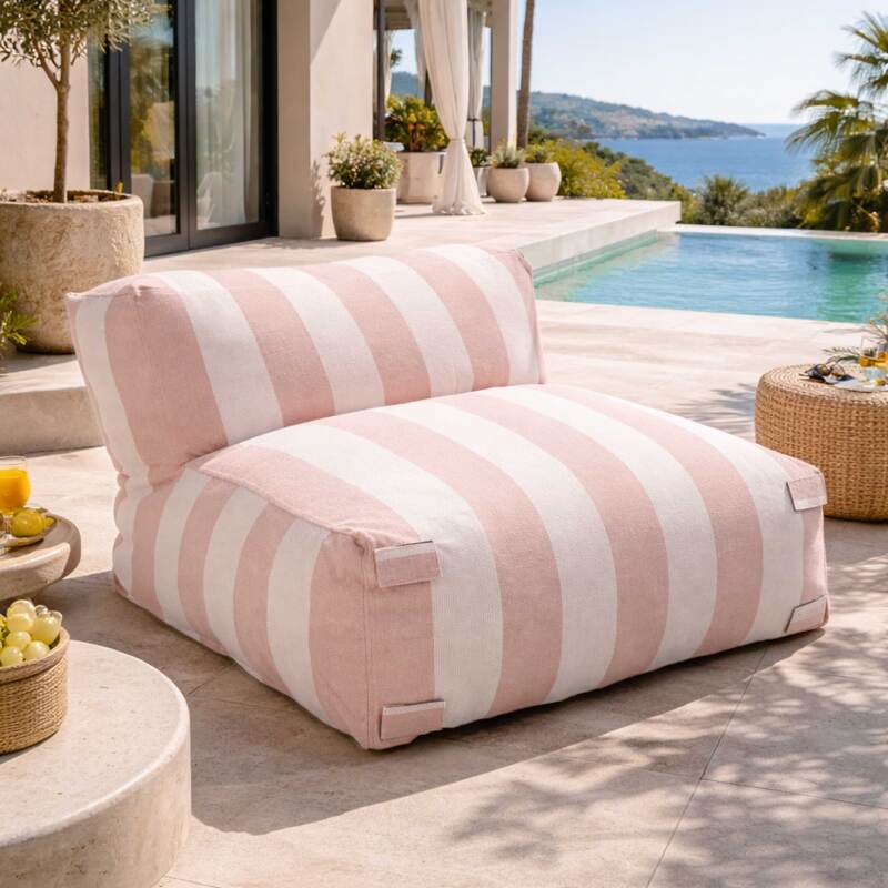 Sofá modular de exterior a rayas para 4 personas con 1 sillón, 2 sillones esquineros y 1 puf (4/7)