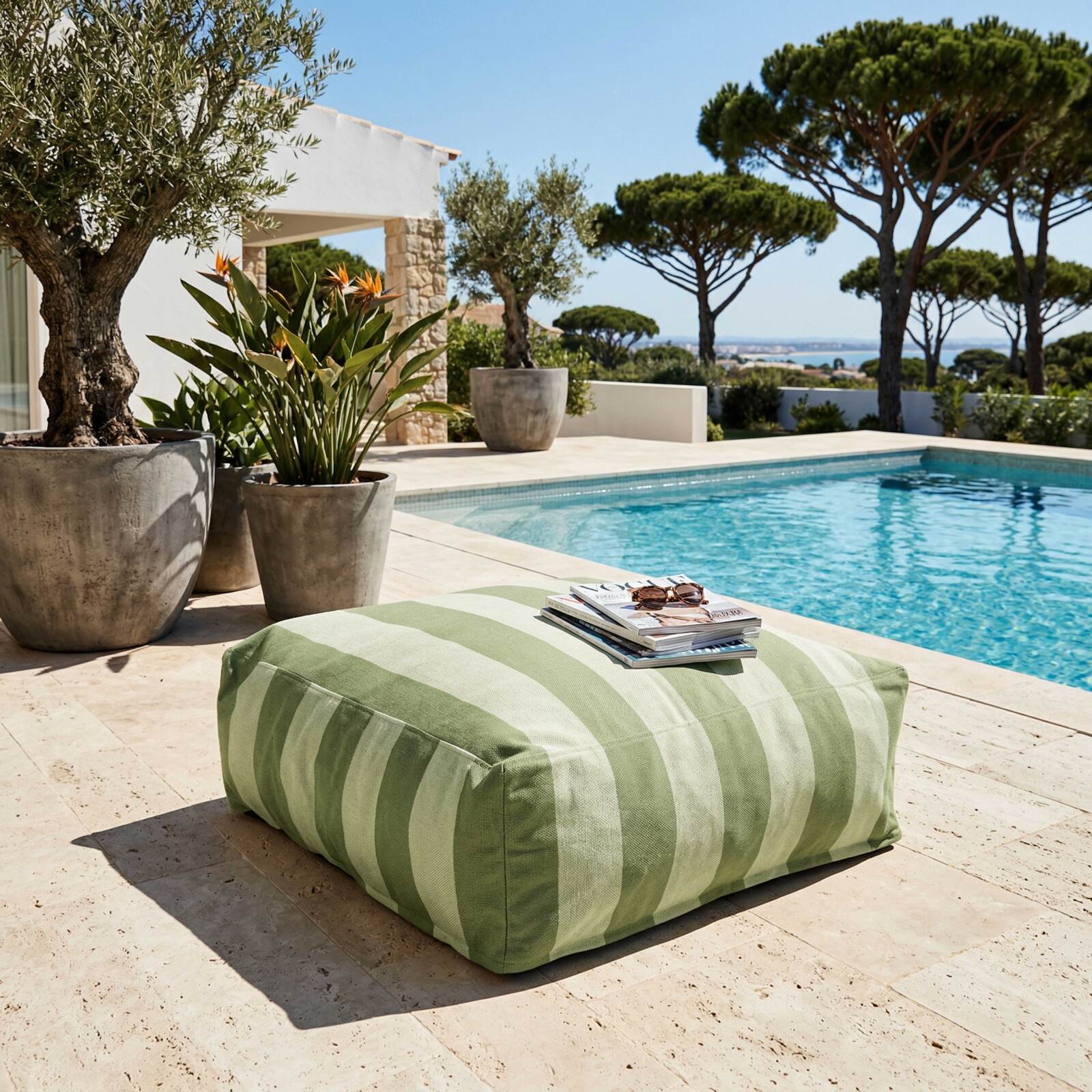 Sofá modular de exterior a rayas para 4 personas con 1 sillón, 2 sillones esquineros y 1 puf