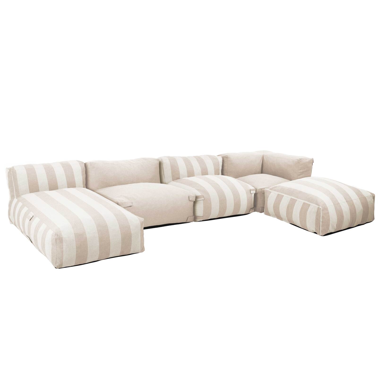 Sofá modular de exterior a rayas para 5 personas con 2 sillones bajo, 1 sillón esquinero, 1 tumbona y 1 puf