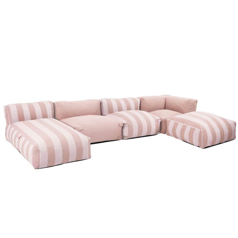 Sofá modular de exterior a rayas para 5 personas con 2 sillones bajo, 1 sillón esquinero, 1 tumbona y 1 puf