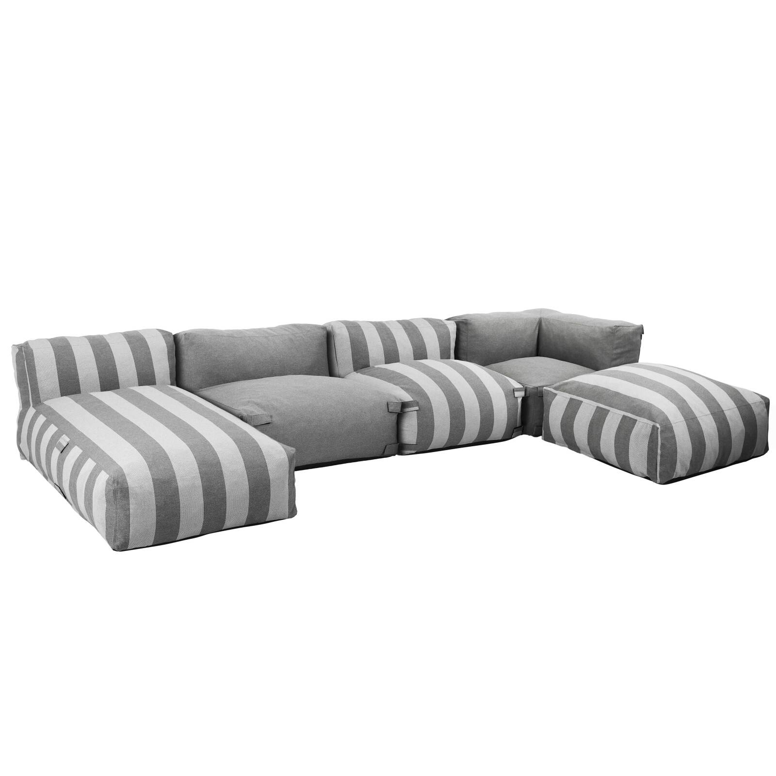 Sofá modular de exterior a rayas para 5 personas con 2 sillones bajo, 1 sillón esquinero, 1 tumbona y 1 puf