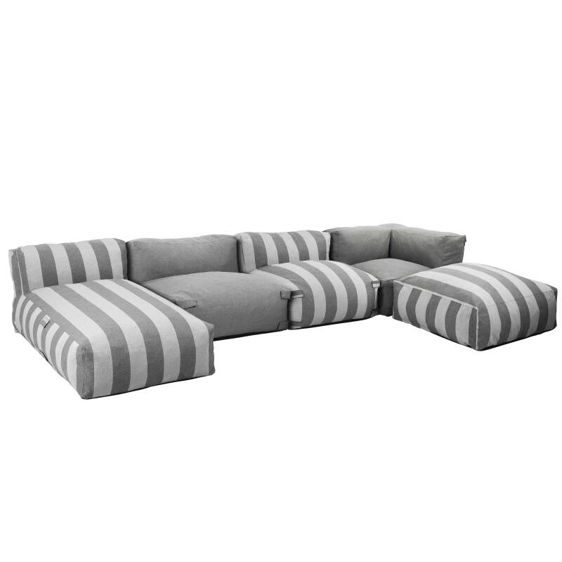 Sofá modular de exterior a rayas para 5 personas con 2 sillones bajo, 1 sillón esquinero, 1 tumbona y 1 puf