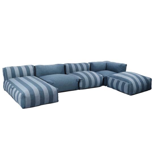 Sofá modular a rayas de exterior para 5 personas con 2 sillones bajo, 1 sillón esquinero, 1 tumbona y 1 puf | Oviala
