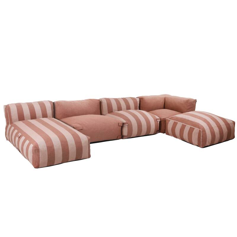 Sofá modular de exterior a rayas para 5 personas con 2 sillones bajo, 1 sillón esquinero, 1 tumbona y 1 puf
