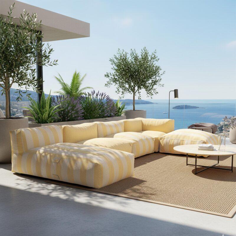 Sofá modular de exterior a rayas para 5 personas con 2 sillones bajo, 1 sillón esquinero, 1 tumbona y 1 puf