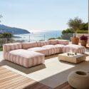 Sofá modular de exterior a rayas para 5 personas con 2 sillones bajo, 1 sillón esquinero, 1 tumbona y 1 puf