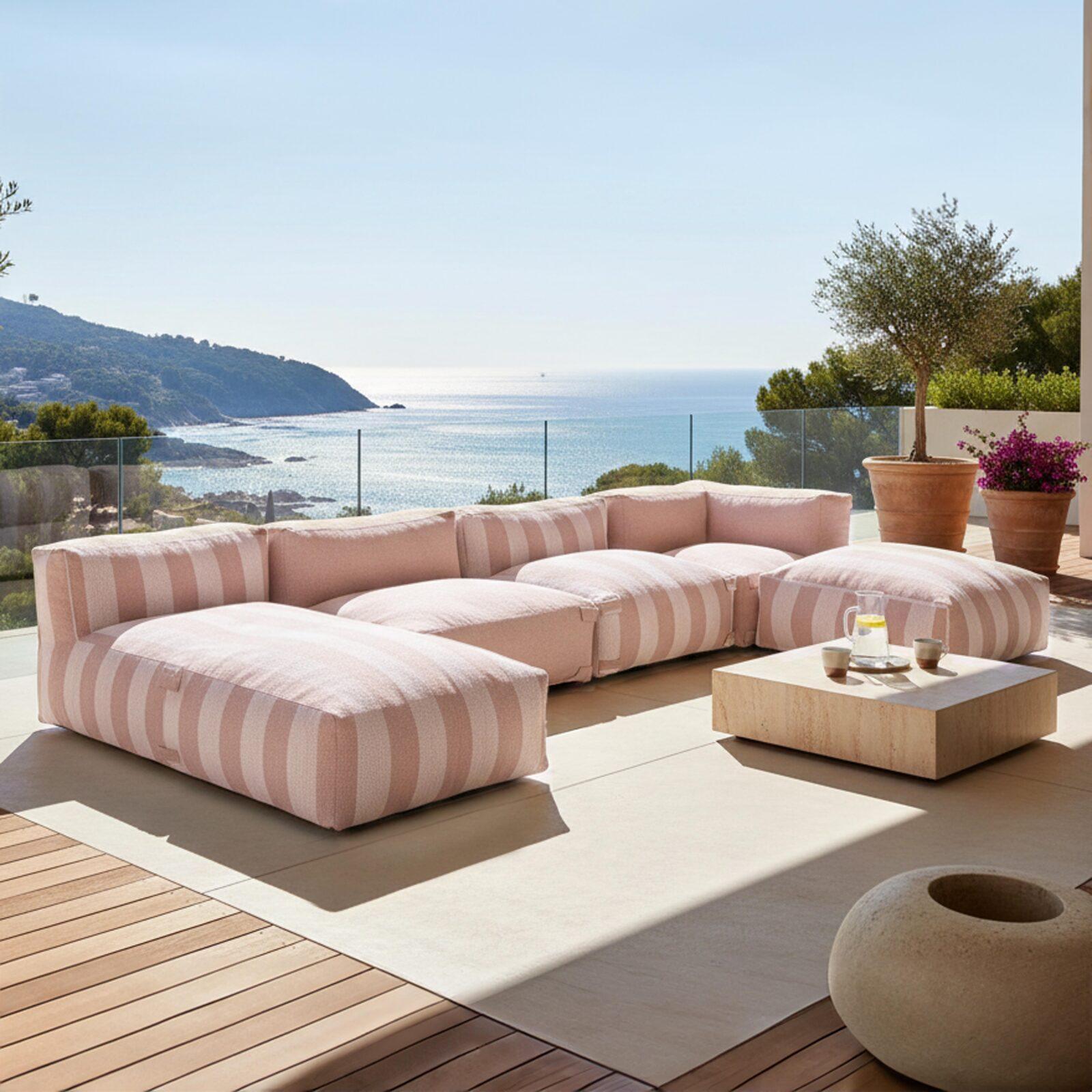 Sofá modular de exterior a rayas para 5 personas con 2 sillones bajo, 1 sillón esquinero, 1 tumbona y 1 puf