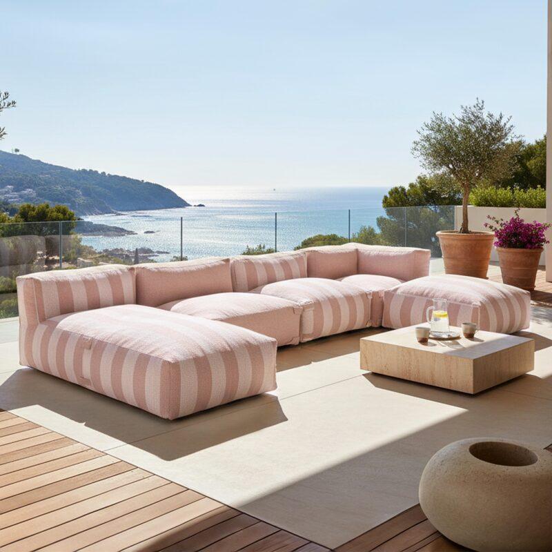 Sofá modular de exterior a rayas para 5 personas con 2 sillones bajo, 1 sillón esquinero, 1 tumbona y 1 puf