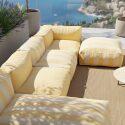 Sofá modular de exterior a rayas para 5 personas con 2 sillones bajo, 1 sillón esquinero, 1 tumbona y 1 puf