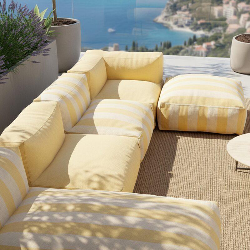 Sofá modular de exterior a rayas para 5 personas con 2 sillones bajo, 1 sillón esquinero, 1 tumbona y 1 puf (2/7)