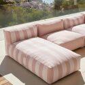Sofá modular de exterior a rayas para 5 personas con 2 sillones bajo, 1 sillón esquinero, 1 tumbona y 1 puf