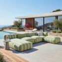 Sofá modular de exterior a rayas para 5 personas con 2 sillones bajo, 1 sillón esquinero, 1 tumbona y 1 puf