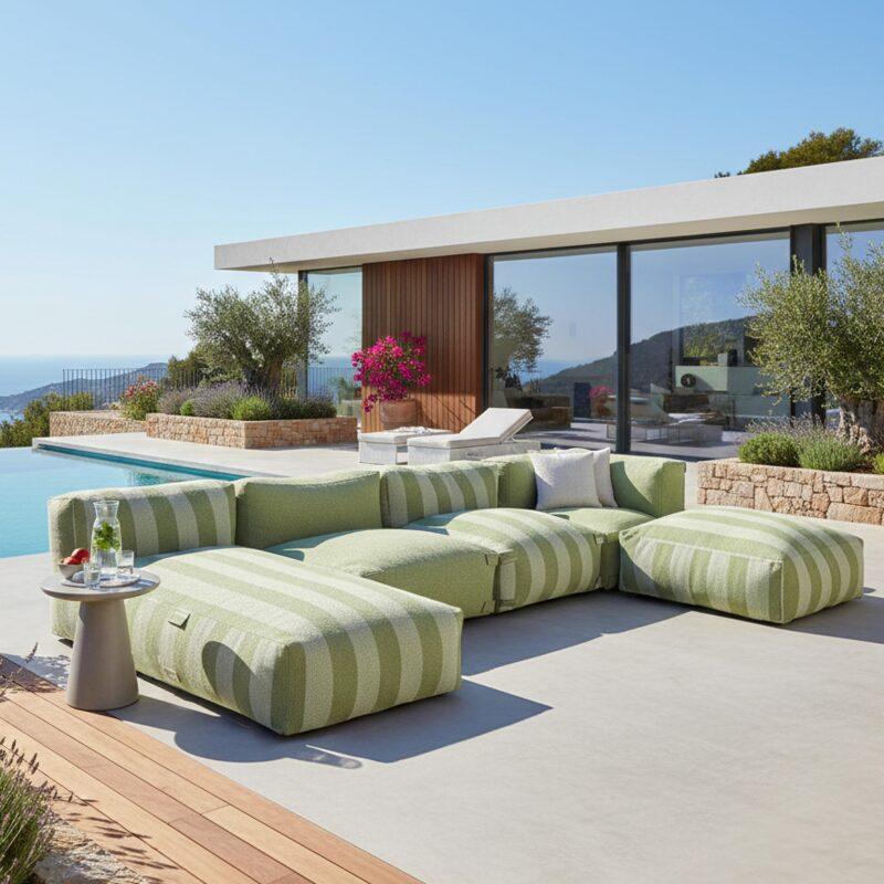 Sofá modular de exterior a rayas para 5 personas con 2 sillones bajo, 1 sillón esquinero, 1 tumbona y 1 puf