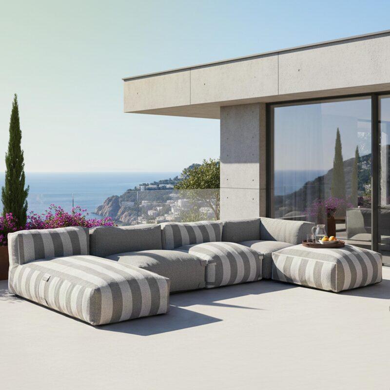 Sofá modular de exterior a rayas para 5 personas con 2 sillones bajo, 1 sillón esquinero, 1 tumbona y 1 puf