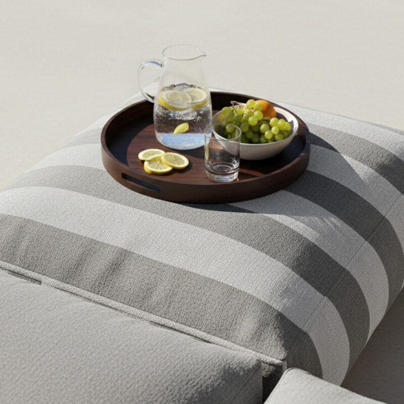 Sofá modular de exterior a rayas para 5 personas con 2 sillones bajo, 1 sillón esquinero, 1 tumbona y 1 puf (2/7)