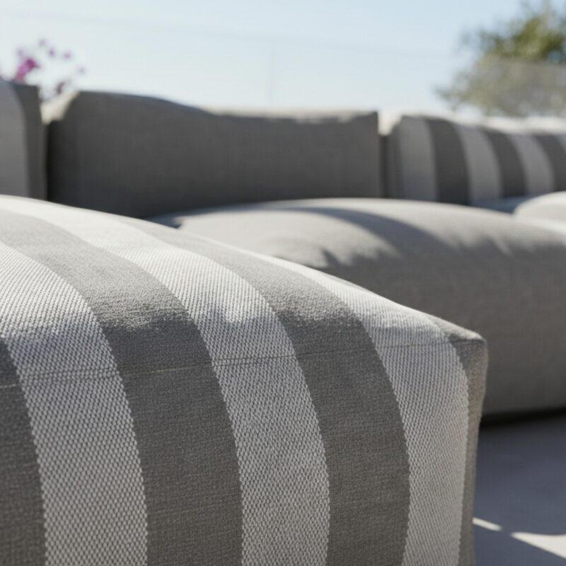 Sofá modular de exterior a rayas para 5 personas con 2 sillones bajo, 1 sillón esquinero, 1 tumbona y 1 puf (3/7)