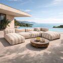 Sofá modular de exterior a rayas para 5 personas con 2 sillones bajo, 1 sillón esquinero, 1 tumbona y 1 puf