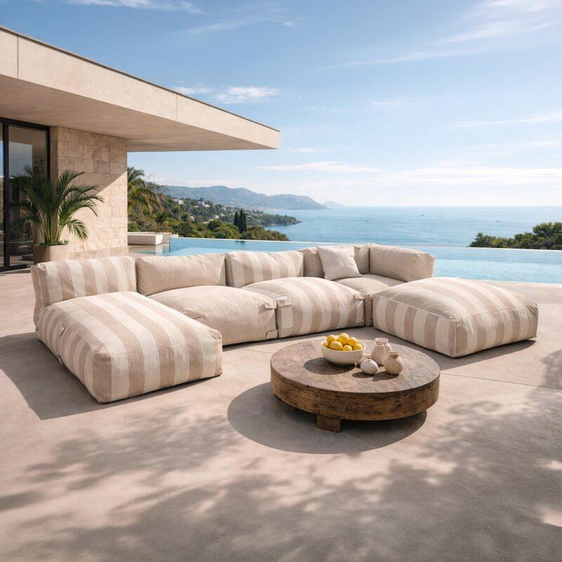 Sofá modular de exterior a rayas para 5 personas con 2 sillones bajo, 1 sillón esquinero, 1 tumbona y 1 puf