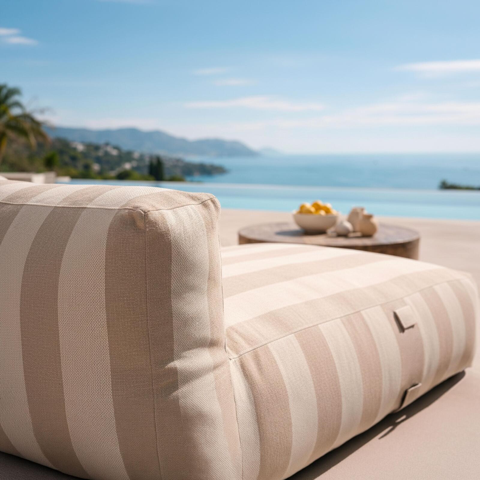 Sofá modular de exterior a rayas para 5 personas con 2 sillones bajo, 1 sillón esquinero, 1 tumbona y 1 puf