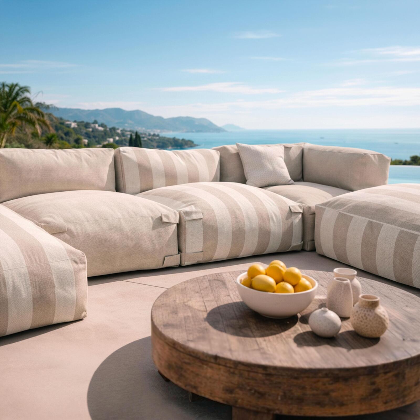 Sofá modular de exterior a rayas para 5 personas con 2 sillones bajo, 1 sillón esquinero, 1 tumbona y 1 puf