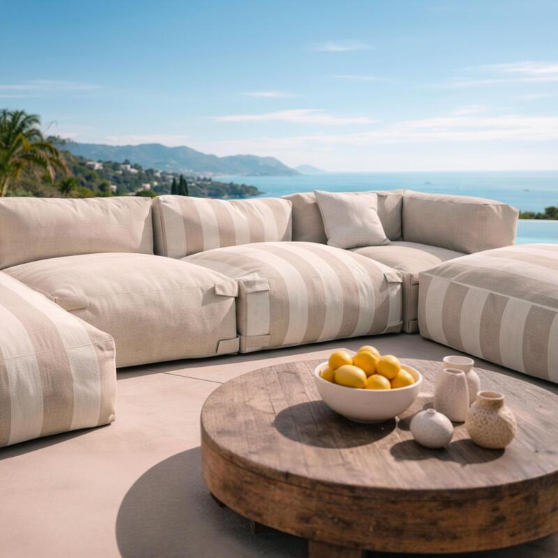 Sofá modular de exterior a rayas para 5 personas con 2 sillones bajo, 1 sillón esquinero, 1 tumbona y 1 puf (3/7)