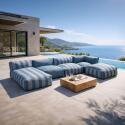 Sofá modular de exterior a rayas para 5 personas con 2 sillones bajo, 1 sillón esquinero, 1 tumbona y 1 puf