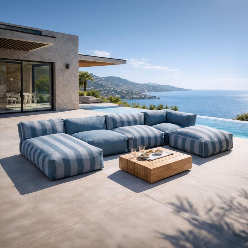 Sofá modular de exterior a rayas para 5 personas con 2 sillones bajo, 1 sillón esquinero, 1 tumbona y 1 puf