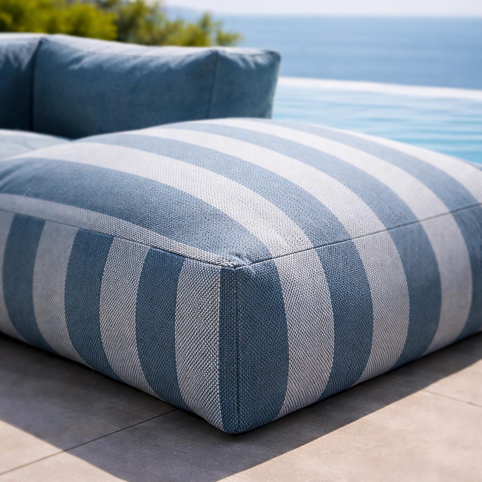 Sofá modular de exterior a rayas para 5 personas con 2 sillones bajo, 1 sillón esquinero, 1 tumbona y 1 puf
