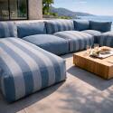 Sofá modular de exterior a rayas para 5 personas con 2 sillones bajo, 1 sillón esquinero, 1 tumbona y 1 puf