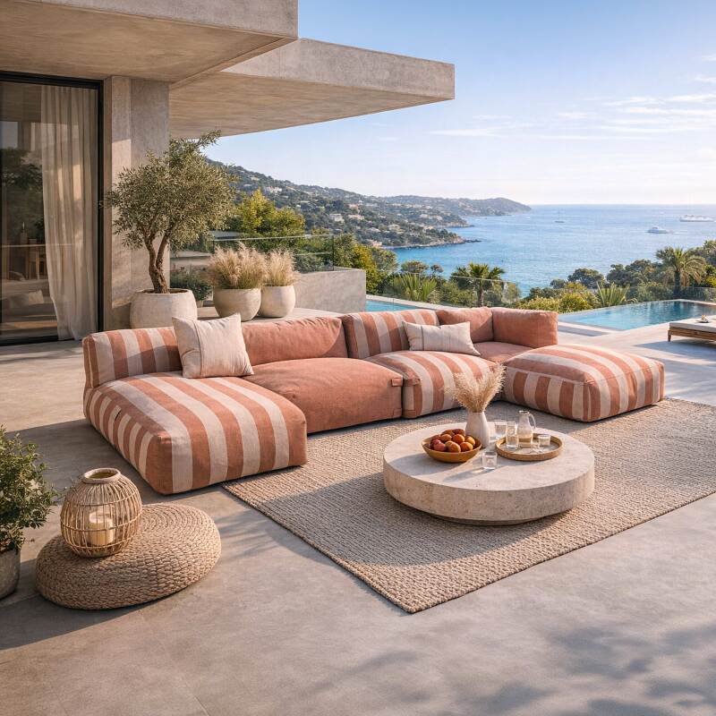 Sofá modular de exterior a rayas para 5 personas con 2 sillones bajo, 1 sillón esquinero, 1 tumbona y 1 puf