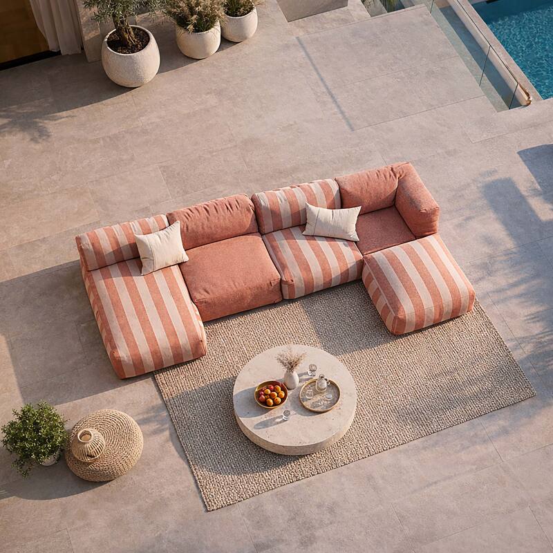 Sofá modular de exterior a rayas para 5 personas con 2 sillones bajo, 1 sillón esquinero, 1 tumbona y 1 puf (2/7)