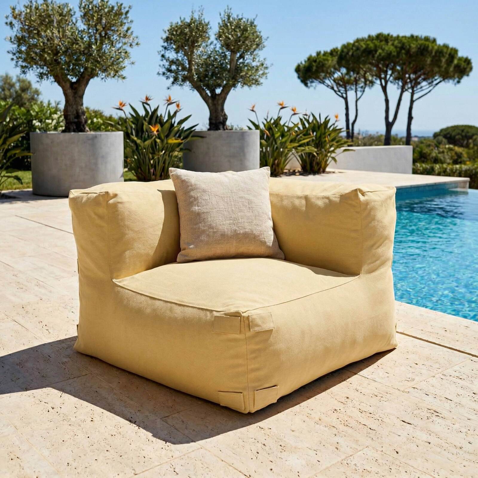 Sofá modular de exterior a rayas para 4 personas con 1 sillón, 2 sillones esquineros y 1 puf