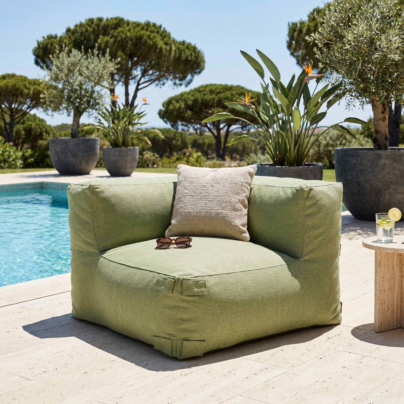 Sofá modular de exterior a rayas para 4 personas con 1 sillón, 2 sillones esquineros y 1 puf