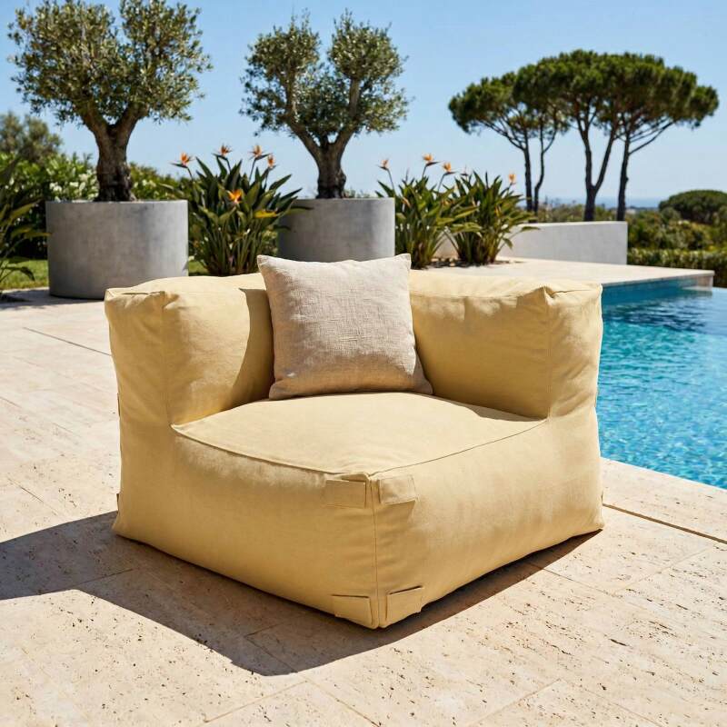 Sofá modular de exterior a rayas para 5 personas con 2 sillones bajo, 1 sillón esquinero, 1 tumbona y 1 puf (4/7)